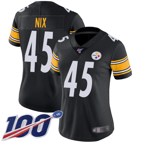 Women Pittsburgh Steelers Football #45 Limited Black Roosevelt Nix Home 100th Season Vapor Untouchable Nike NFL Jersey